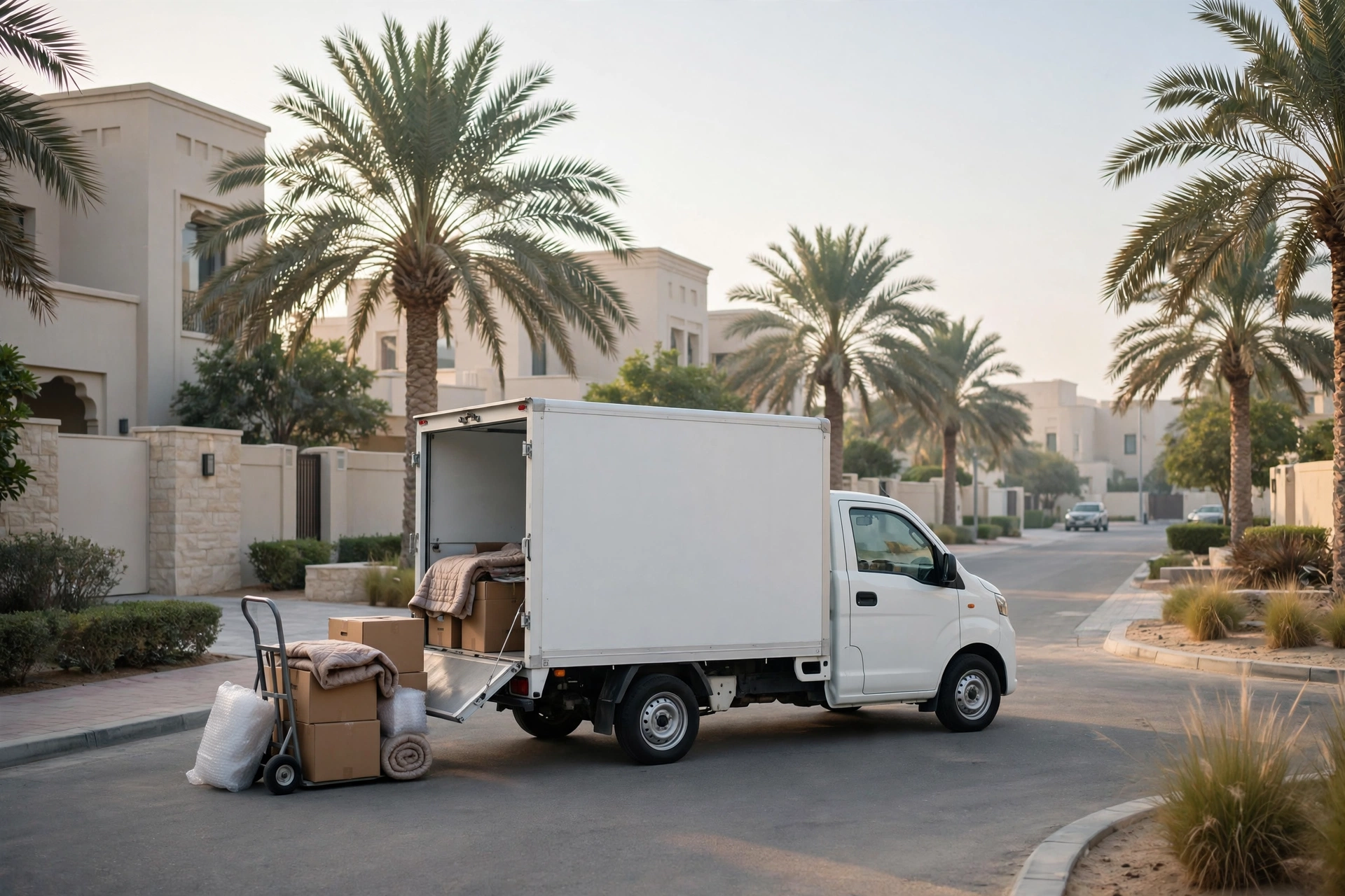 Movers and Packers in Dubai: Services & Prices 2026 2 Compact moving truck on a quiet Dubai street in the morning
