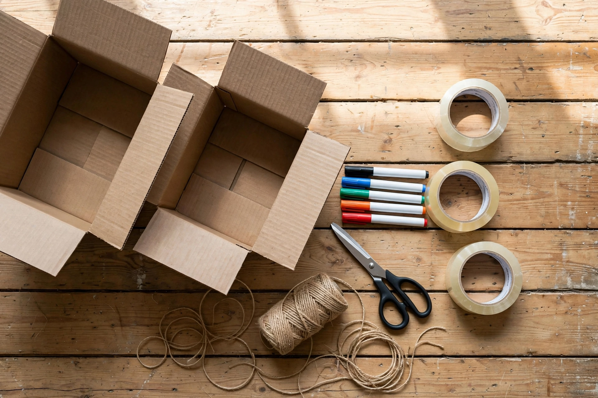 Movers and Packers in Dubai: Services & Prices 2026 3 DIY packing supplies flat lay: tape, markers, scissors beside boxes