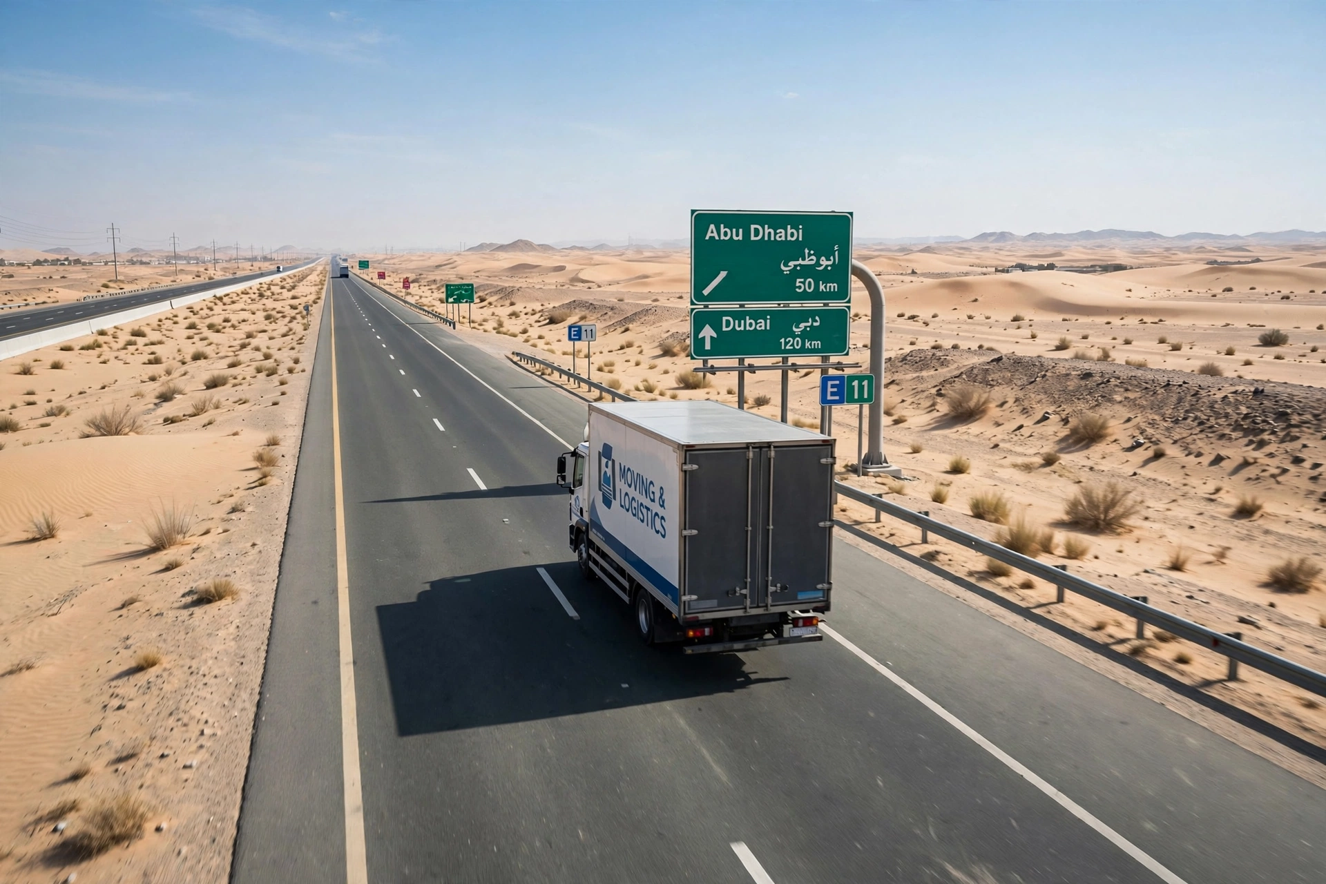 Moving from Dubai to Abu Dhabi: Complete 2026 Checklist 1 Moving truck driving on highway from Dubai to Abu Dhabi