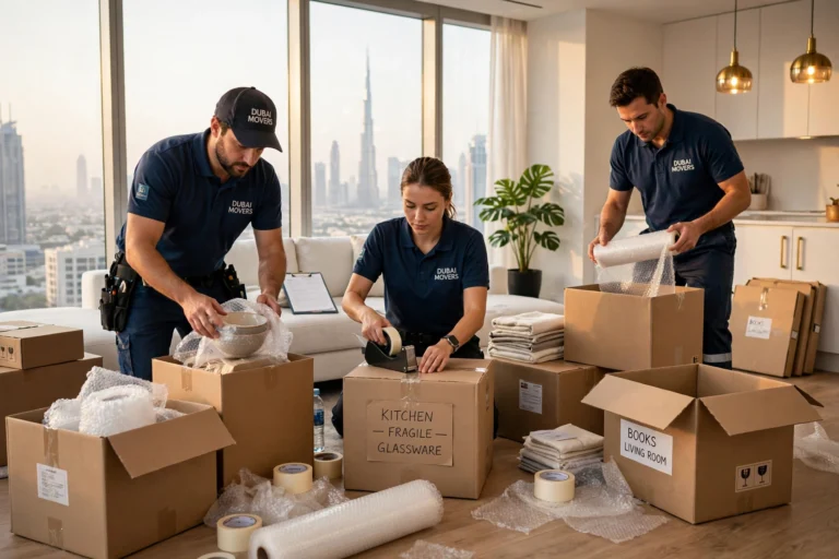 10 Tips for a Stress-Free House Move in Dubai 5 Dubai Silicon Oasis Movers: Tech Community Guide: professional movers packing boxes in a Dubai apartment for a stress-free house move