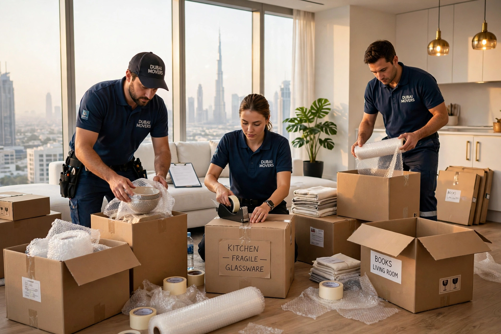 10 Tips for a Stress-Free House Move in Dubai 1 Dubai Silicon Oasis Movers: Tech Community Guide: professional movers packing boxes in a Dubai apartment for a stress-free house move