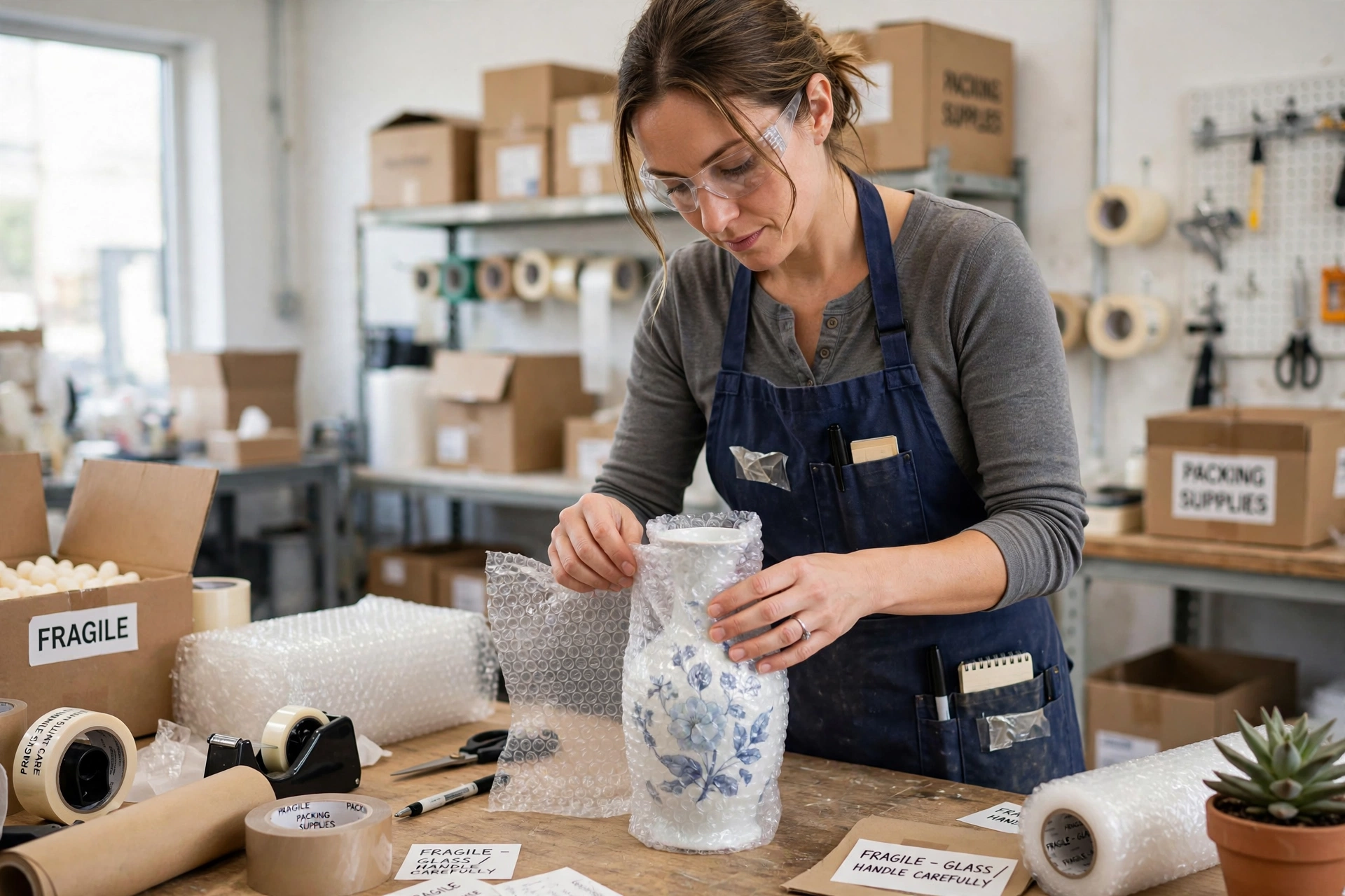 How to Pack Fragile Items Like a Pro: Dubai Movers' Secrets 1 Professional packer wrapping delicate vase in bubble wrap