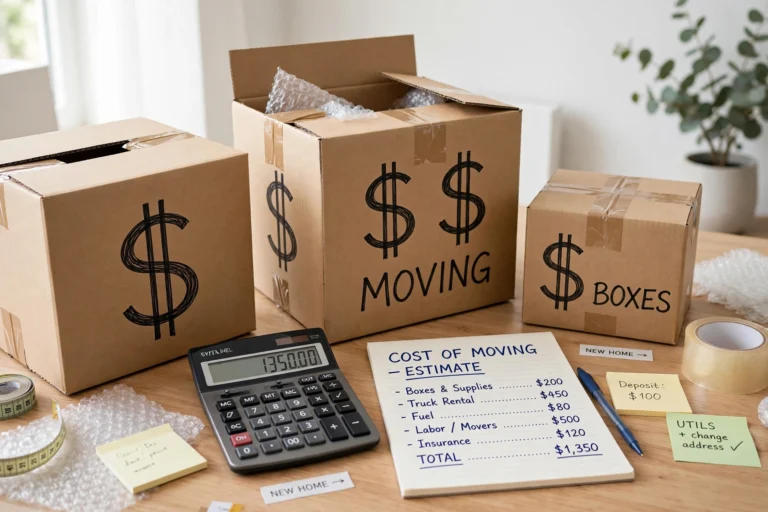 How Much Does It Cost to Move in Dubai? (2026 Guide) 4 First Night Box: Essentials for Your Dubai Move: calculator and moving boxes showing cost of moving in Dubai