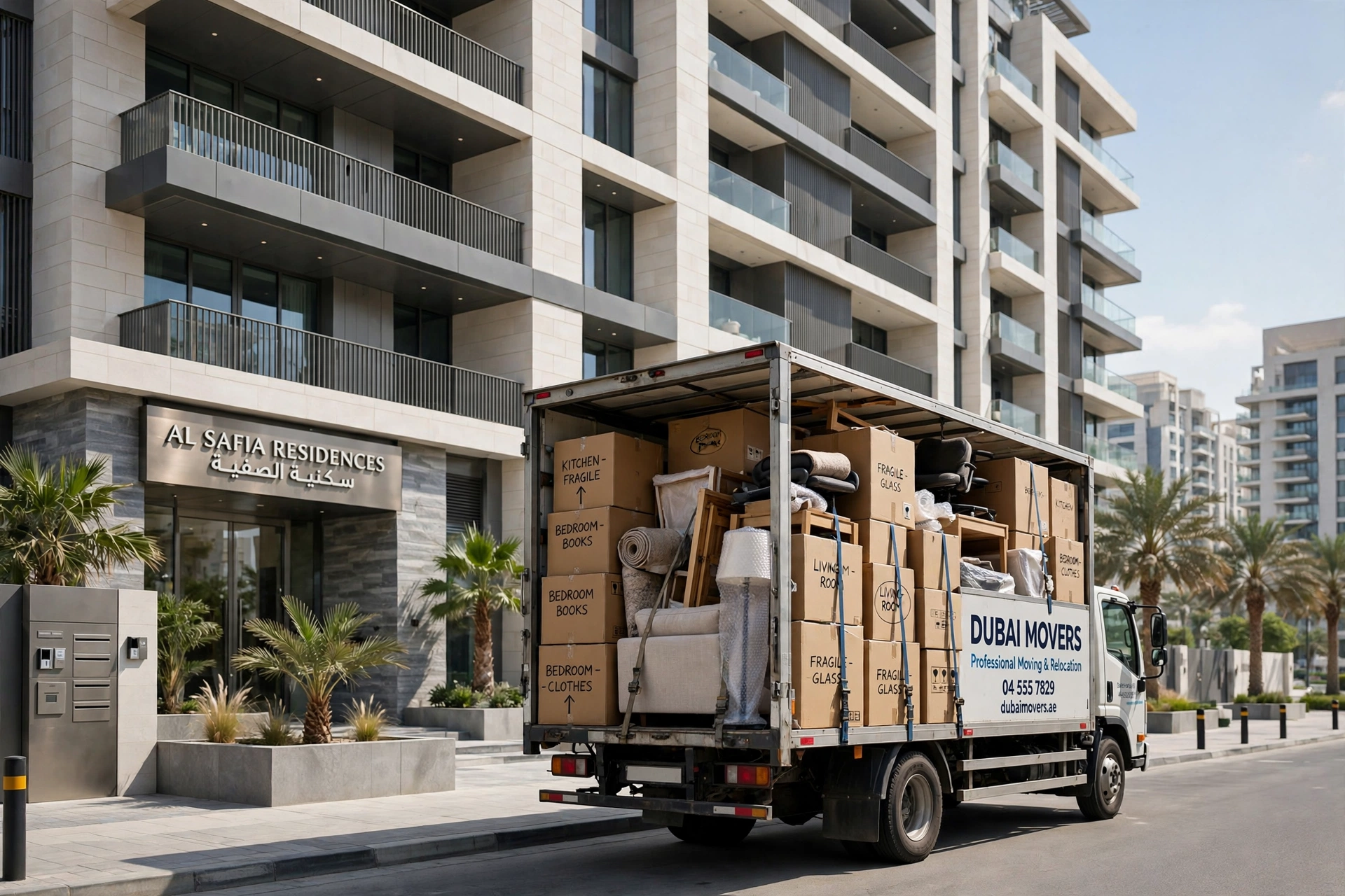 10 Tips for a Stress-Free House Move in Dubai 3 Moving truck loaded with furniture outside a Dubai residential building