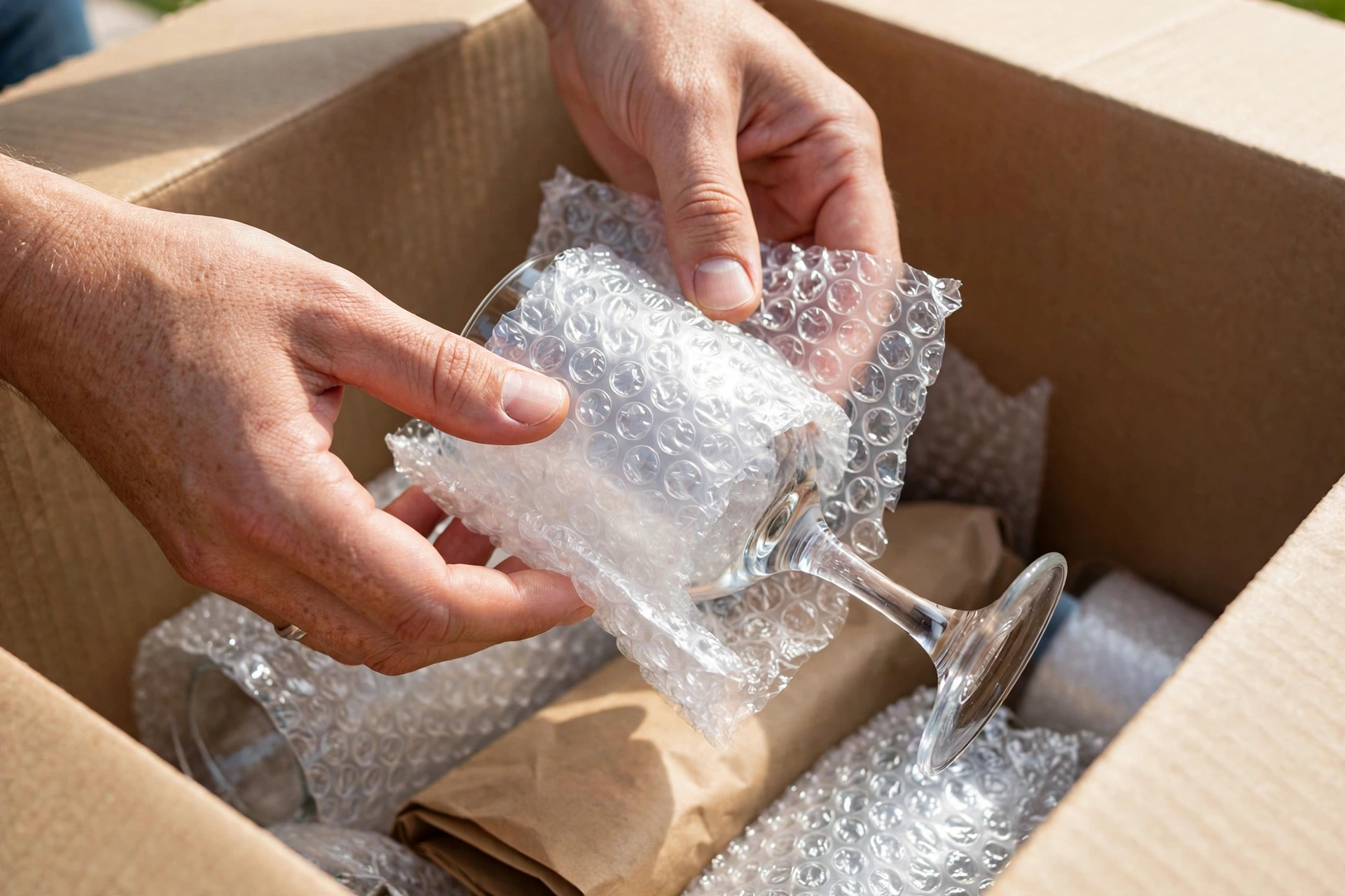 10 Tips for a Stress-Free House Move in Dubai 2 Hands wrapping fragile glassware in bubble wrap for safe moving